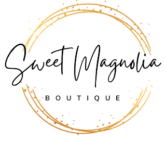 The image shows a logo for an embroidery, screen print, 3D print and vinyl shop. The text of the business' logo says: "Sweet Magnolia Boutique." The text of the logo is black and the logo is enclosed in a gold circle.