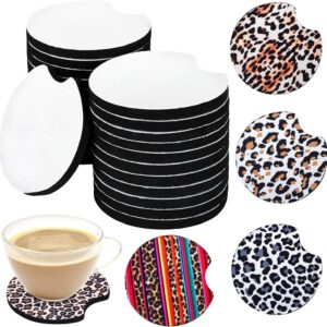 Image shows blank neoprene cup holder coasters, along with a few coasters with sublimated designs.